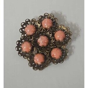 Vintage Marbled CoralCabochon  Filigree Brooch #0007